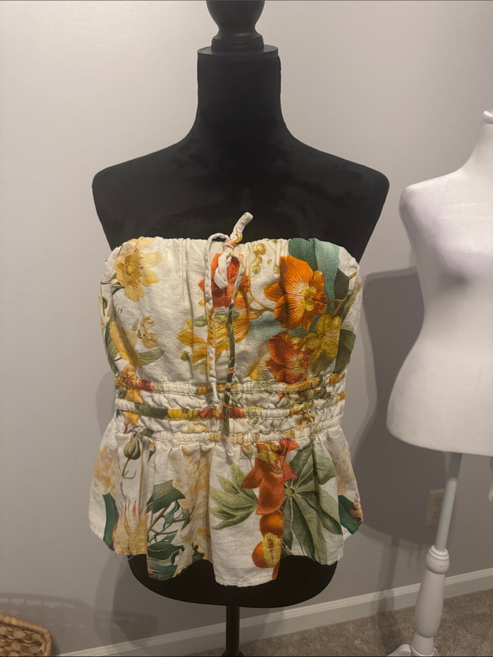 Anthropologie Floral Strapless Peplum Camisole — White, Yellow, Orange, Green